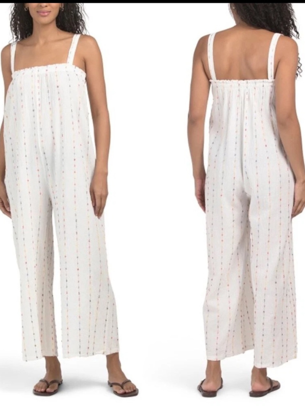 White Smocked Square-Neck Jumpsuit with Multicolor Pinstripes